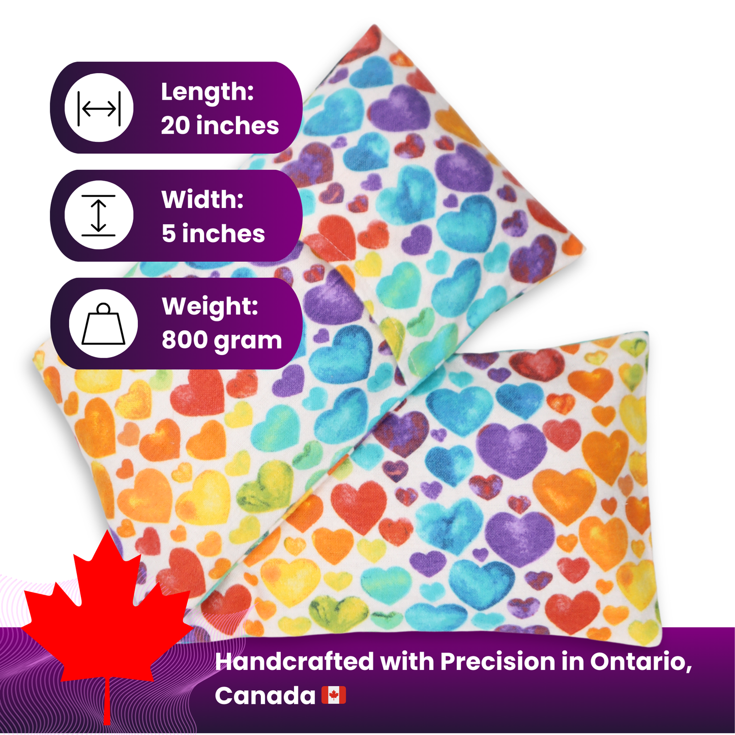 HARTI Rainbow Hearts microwavable heating pad handmade in Canada with natural oat filling and removable cotton cover for heat and cold therapy