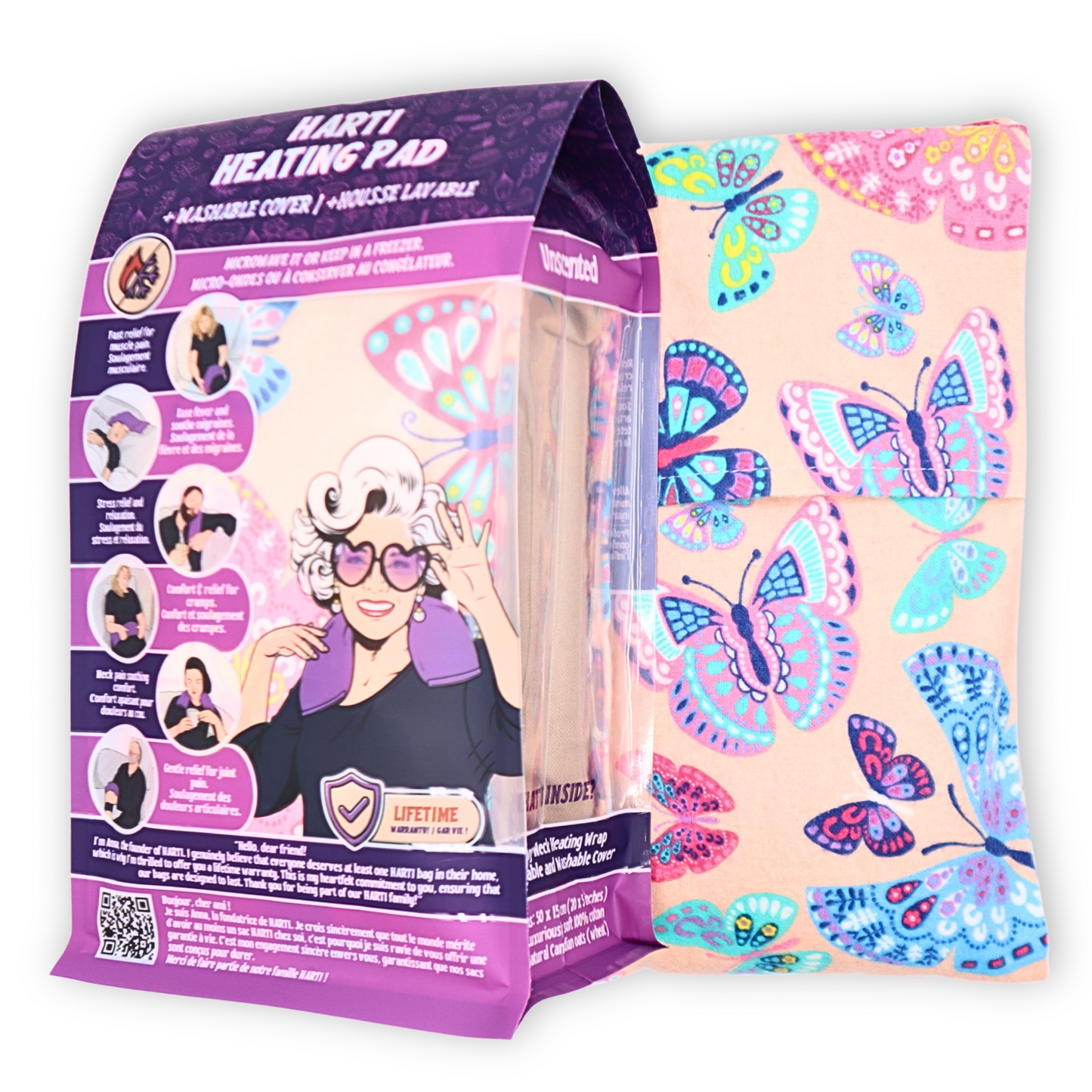HARTI Rainbow Butterflies microwavable heating pad with removable flannel cover, handmade in Canada, filled with natural oats