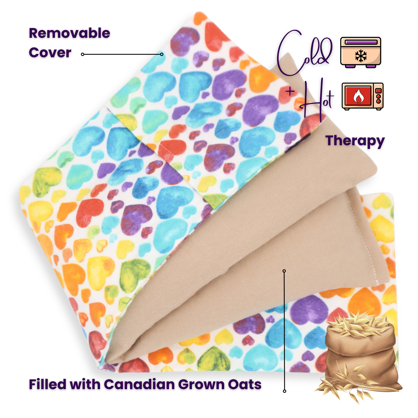 HARTI Rainbow Hearts microwavable heating pad handmade in Canada with natural oat filling and removable cotton cover for heat and cold therapy