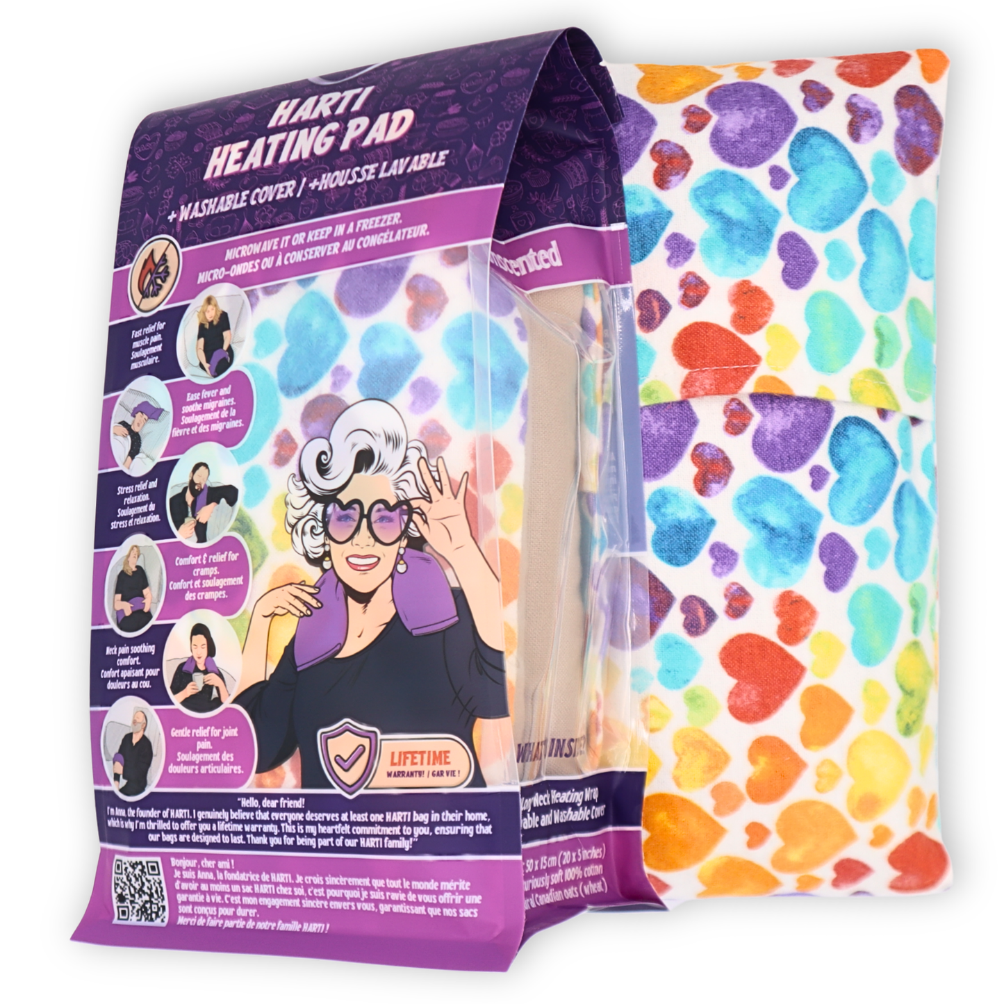 HARTI Rainbow Hearts microwavable heating pad handmade in Canada with natural oat filling and removable cotton cover for heat and cold therapy